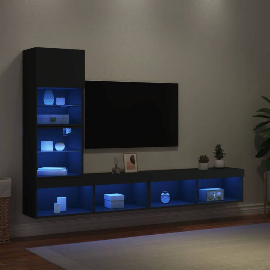 VidaXL -7-delige-tv-wandmeubelset-met-LED-bewerkt-hout-zwart