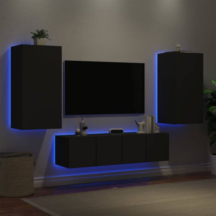 VidaXL -7-delige-tv-wandmeubelset-met-LED-bewerkt-hout-zwart