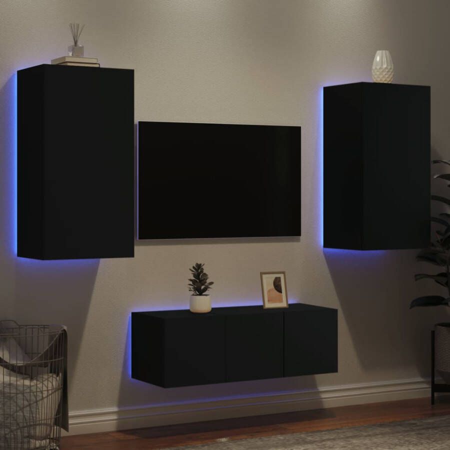 VidaXL -7-delige-tv-wandmeubelset-met-LED-bewerkt-hout-zwart