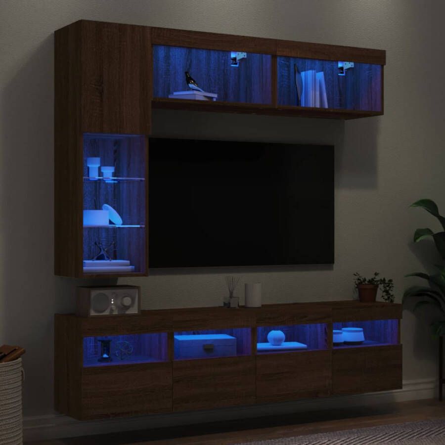 VidaXL -7-delige-Tv-wandmeubelset-met-LED-verlichting-bruineikenkleurig