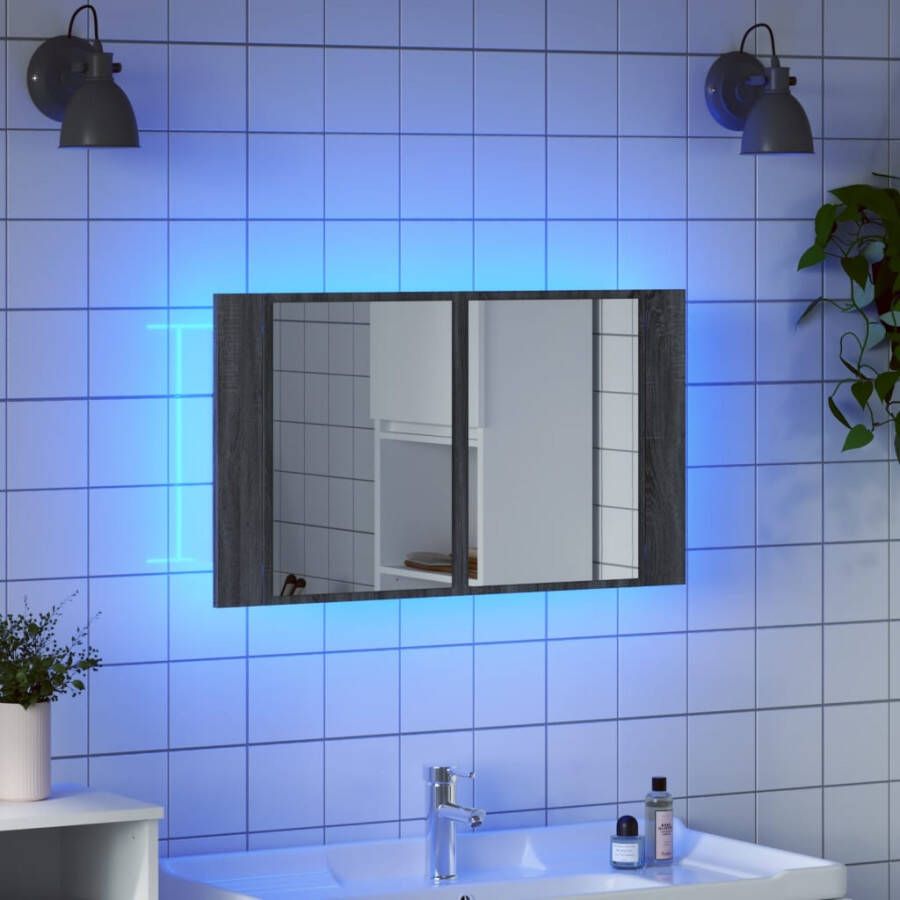 VIDAXL Badkamerkast met spiegel en LED 80x12x45 cm acryl grijs sonoma - Foto 2