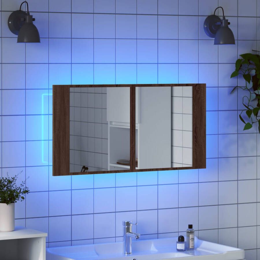 VIDAXL Badkamerkast met spiegel en LED 90x12x45 acryl bruineikenkleur - Foto 2