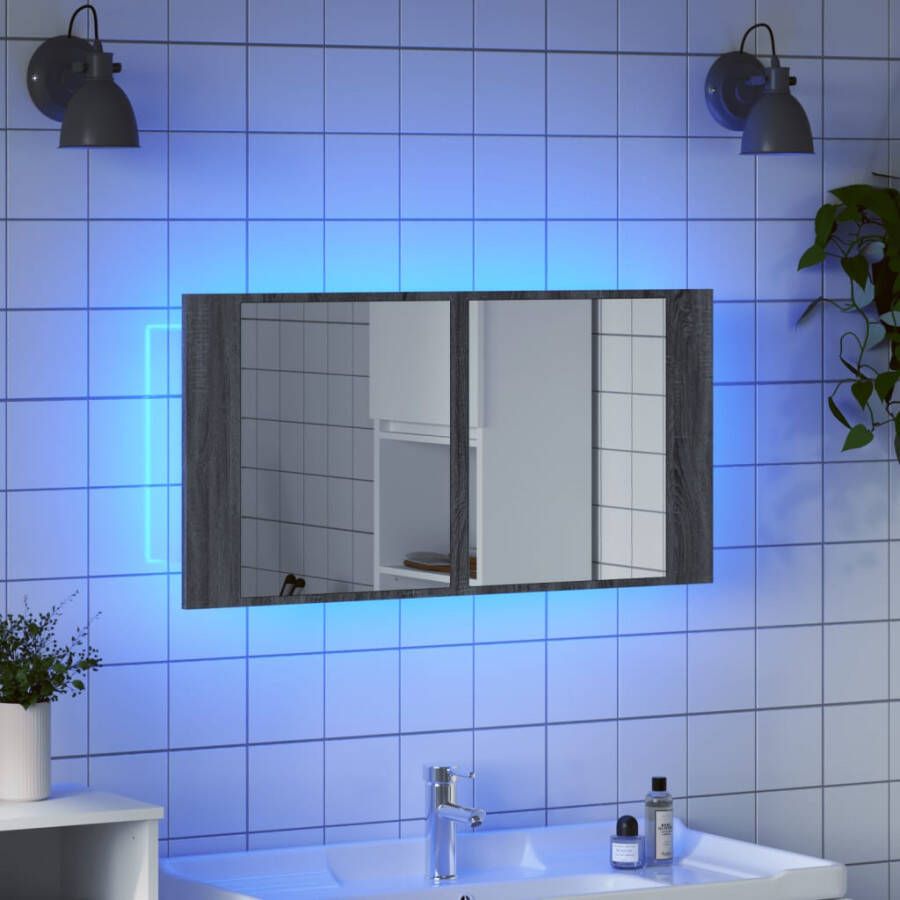 VIDAXL Badkamerkast met spiegel en LED 90x12x45 cm acryl grijs sonoma - Foto 2