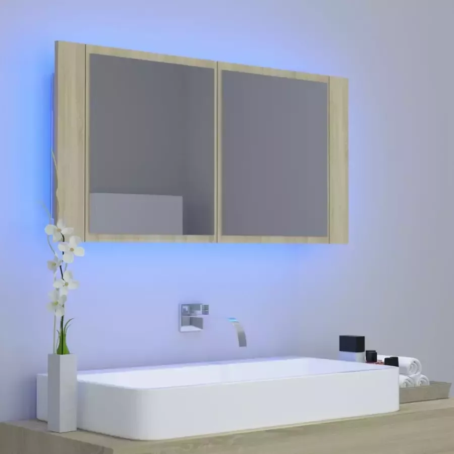 VIDAXL Badkamerkast met spiegel LED 90x12x45 acryl sonoma eikenkleurig