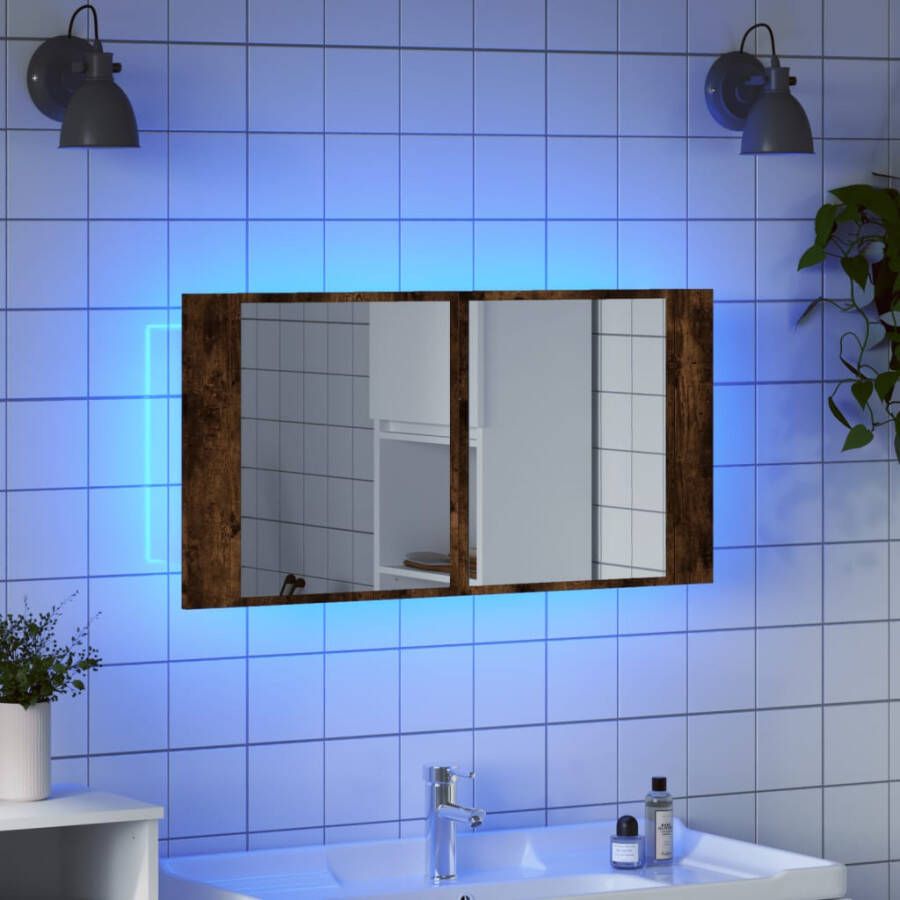 VIDAXL Badkamerkast met spiegel LED 90x12x45 acryl gerookt eikenkleur - Foto 2