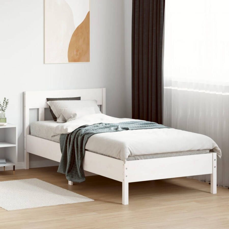 VidaXL -Bedframe-met-hoofdbord-massief-grenenhout-wit-75x190-cm