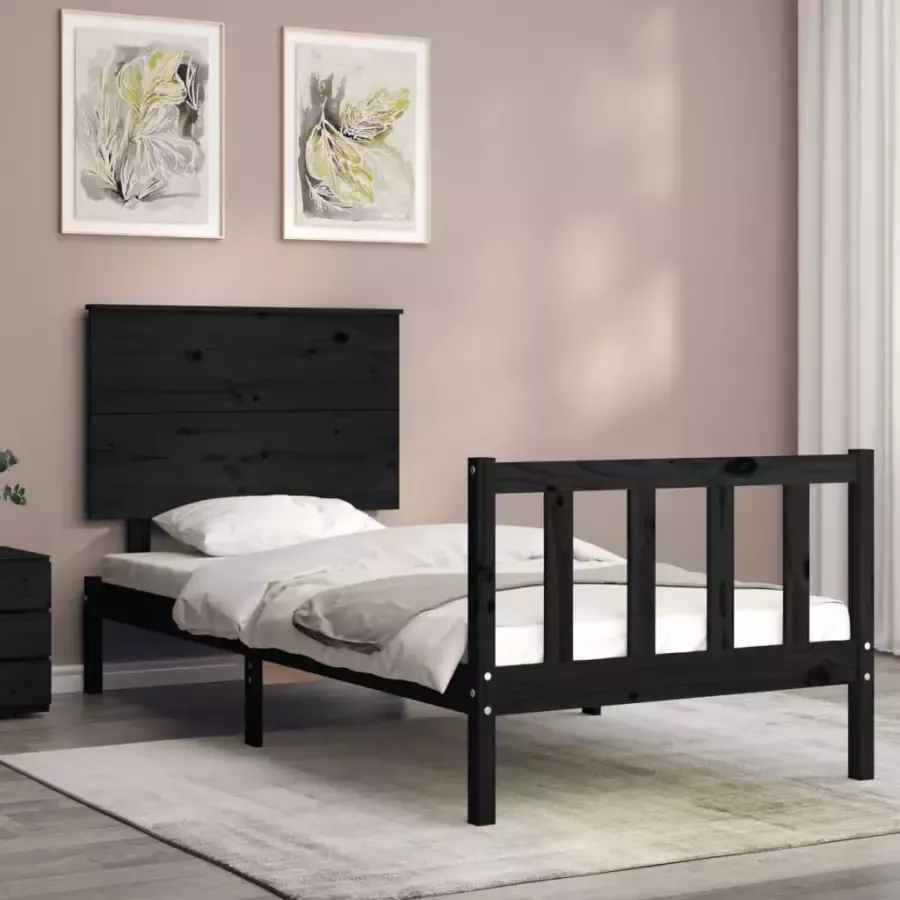 VidaXL -Bedframe-met-hoofdbord-massief-hout-zwart-2FT6-Small-Single - Foto 1