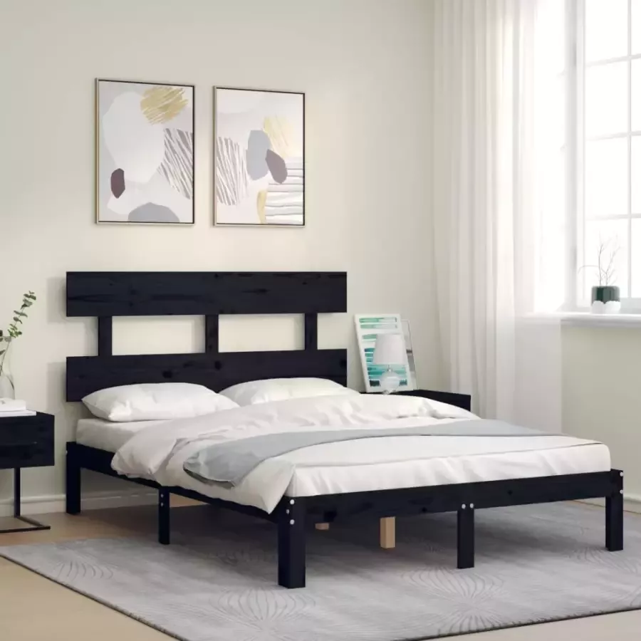 VidaXL -Bedframe-met-hoofdbord-massief-hout-zwart-4FT6-Double - Foto 7