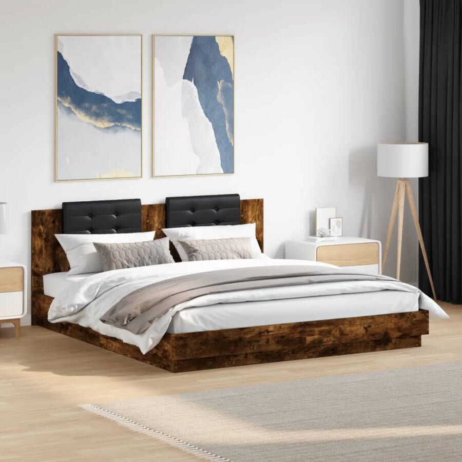 VidaXL -Bedframe-met-hoofdeinde-bewerkt-hout-gerookt-eiken-200x200-cm - Foto 2