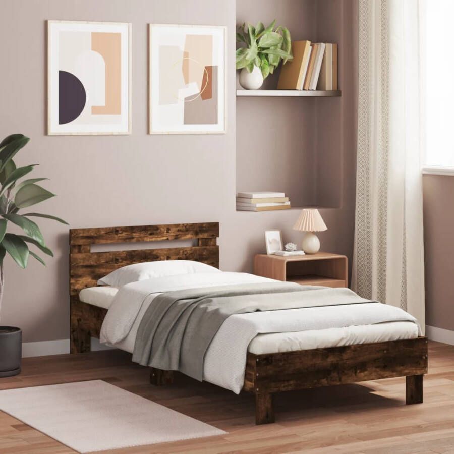 VidaXL Bedframe met hoofdeinde bewerkt hout gerookt eiken 90x190 cm Bed Frame Houten Bed Bruine Bed Tweepersoonsbed King Size Bed