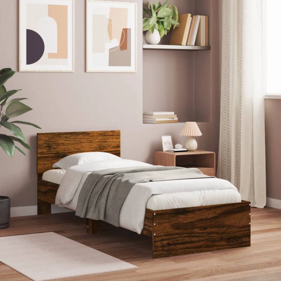 VidaXL Bedframe met hoofdeinde bewerkt hout gerookt eiken 90x190 cm Bed Frame Houten Bed Bruine Bed Tweepersoonsbed King Size Bed - Foto 2