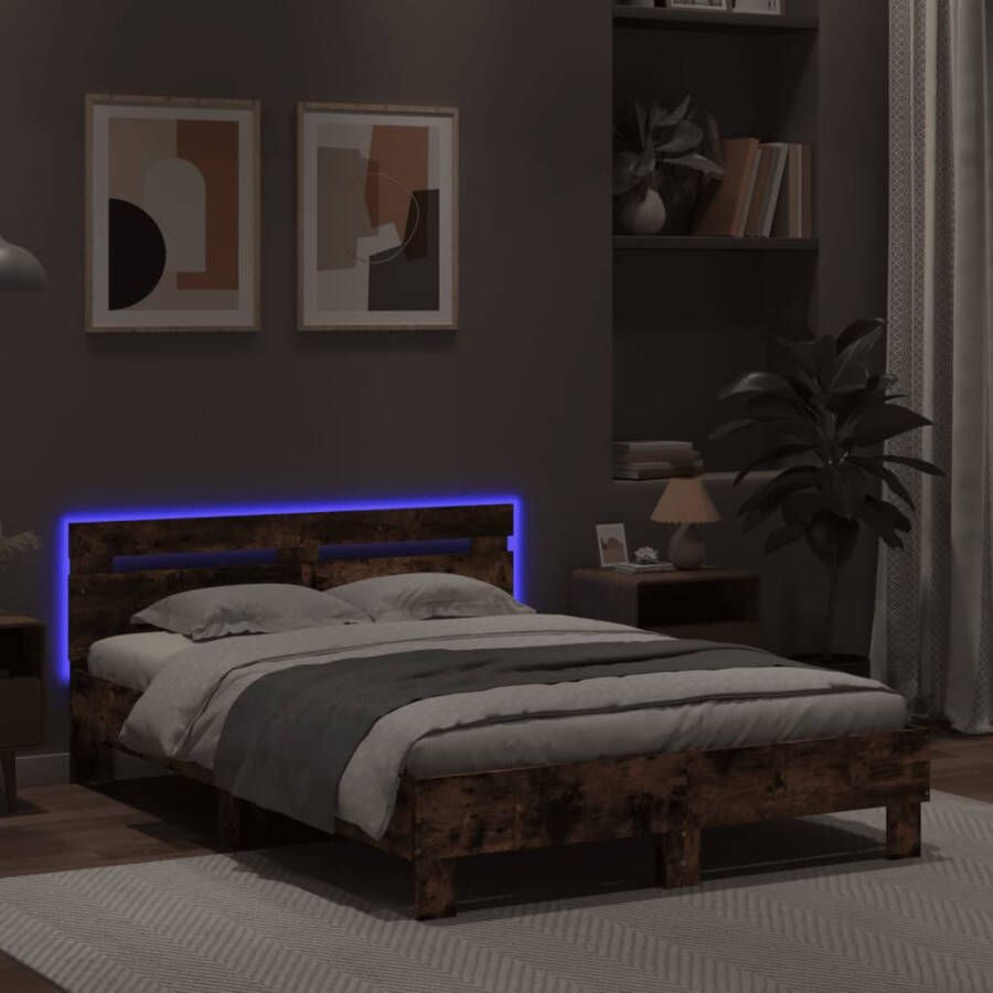 VidaXL -Bedframe-met-hoofdeinde-en-LED-gerookt-eikenkleurig-120x200-cm - Foto 2