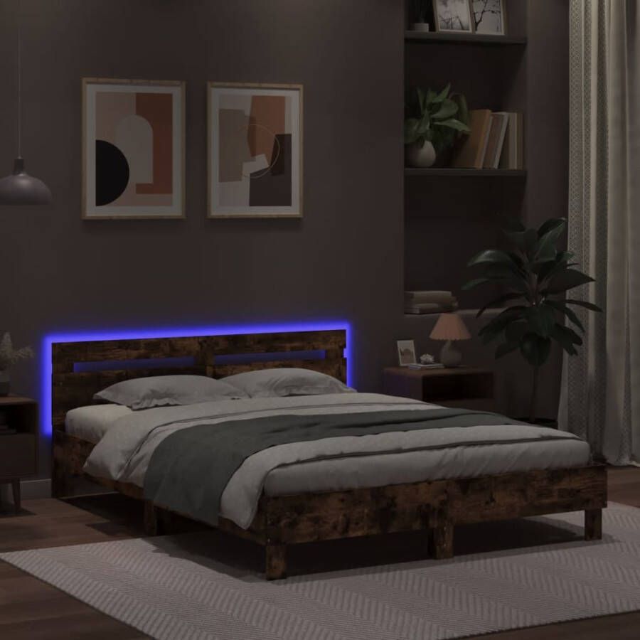 VidaXL -Bedframe-met-hoofdeinde-en-LED-gerookt-eikenkleurig-150x200-cm - Foto 2