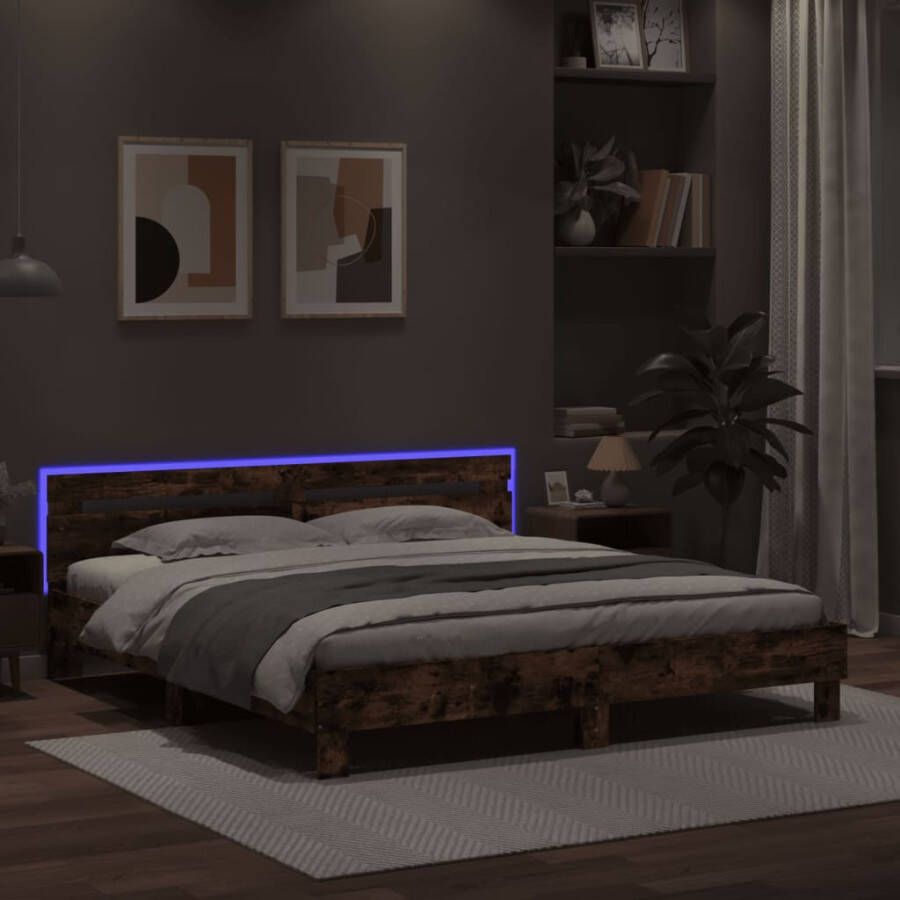 VidaXL -Bedframe-met-hoofdeinde-en-LED-gerookt-eikenkleurig-180x200-cm - Foto 2