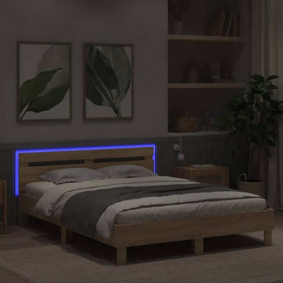 VidaXL -Bedframe-met-hoofdeinde-en-LED-sonoma-eikenkleurig-140x190-cm - Foto 2