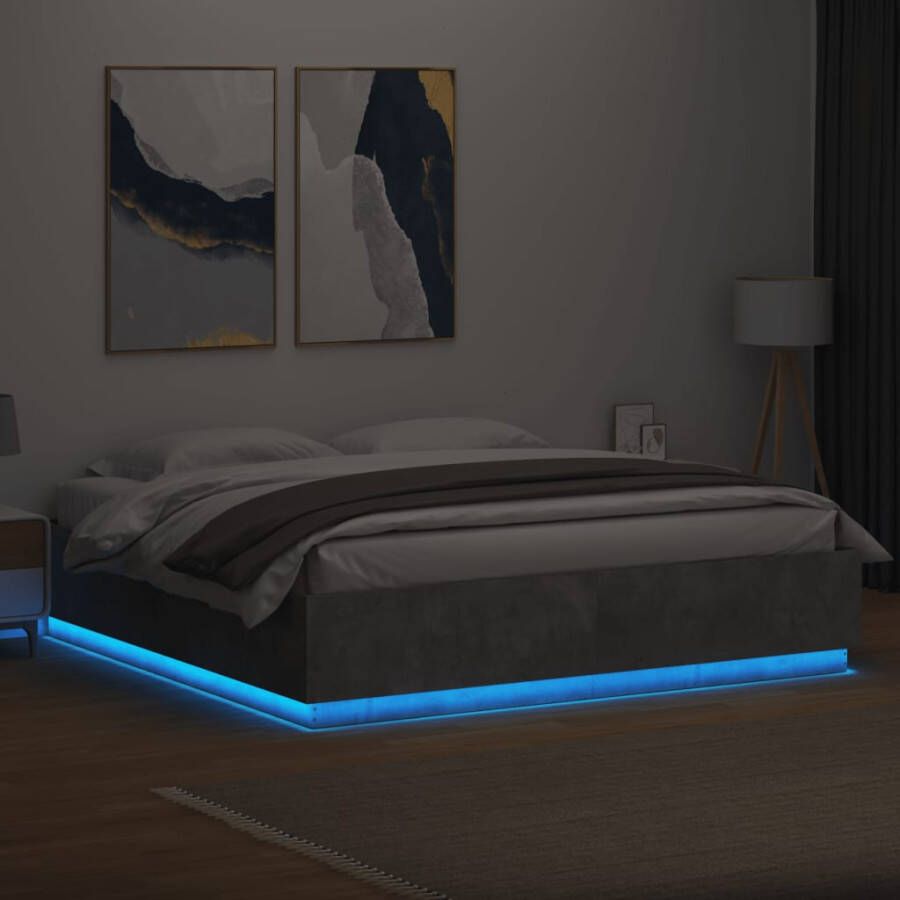 VidaXL -Bedframe-met-LED-verlichting-bewerkt-hout-betongrijs-200x200-cm