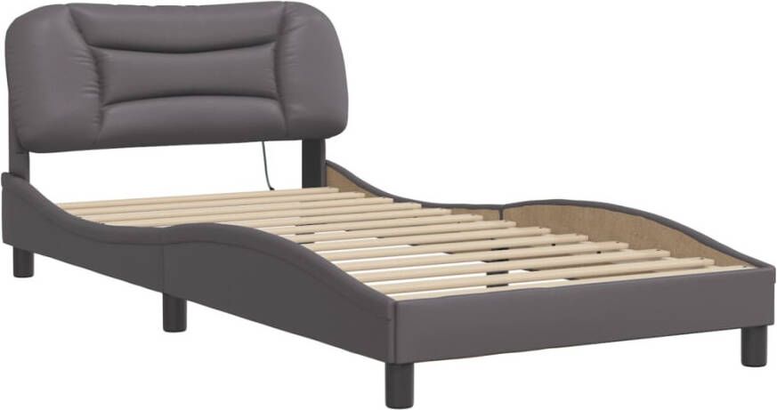 VidaXL Bedframe met LED zonder matras Hvar kunstleer grijs 100x200 cm - Foto 3
