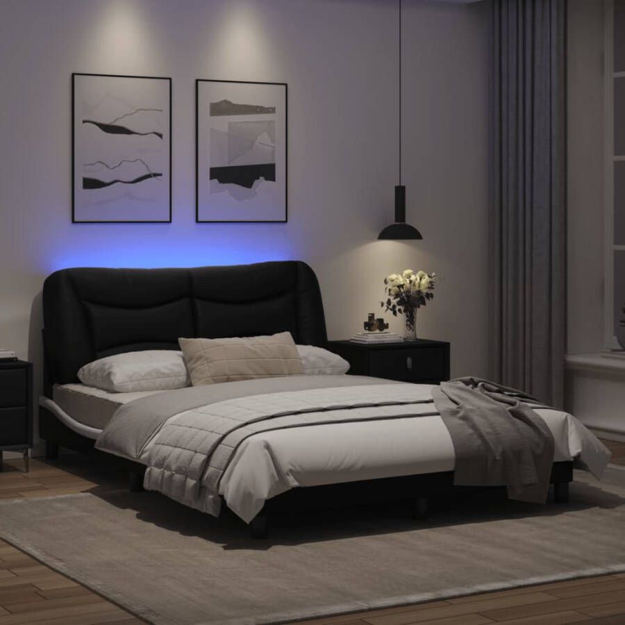 VidaXL -Bedframe-met-LED-verlichting-kunstleer-zwart-en-wit-140x200-cm - Foto 1
