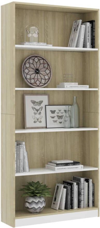 VidaXL -Boekenkast-met-5-schappen-80x24x175cm-bewerkt-hout-wit-en-eiken - Foto 1