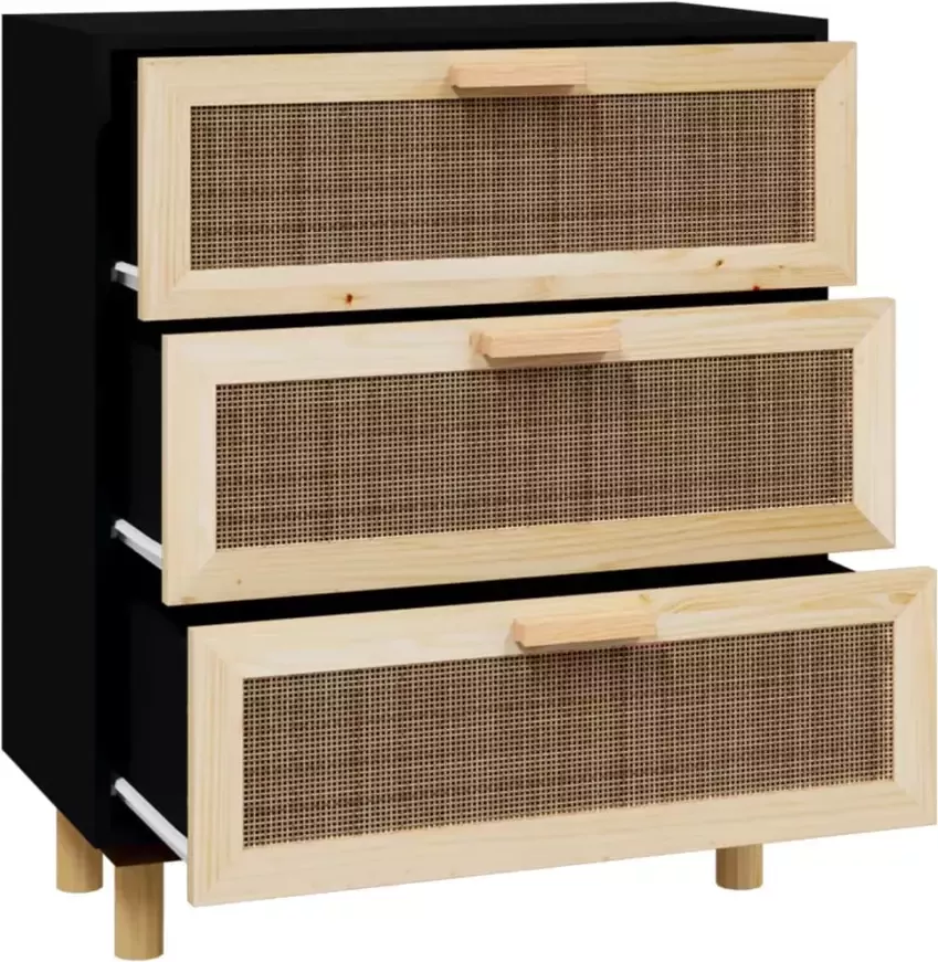 VidaXL -Dressoir-60x30x70-cm-massief-grenen-hout-en-rattan-zwart - Foto 2