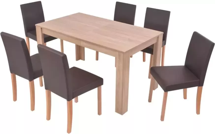 VidaXL -Eettafel-met-stoelen-kunstleer-en-eikenhout-bruin-7-st - Foto 1