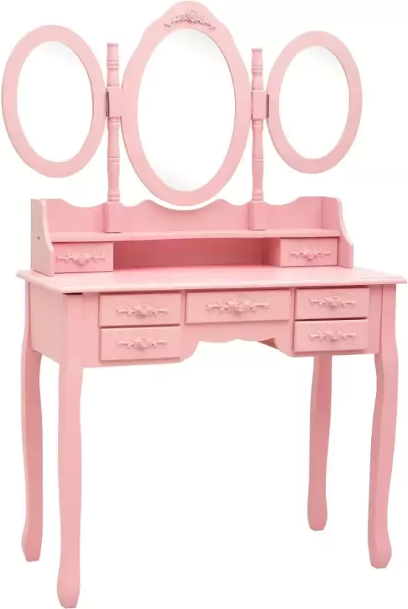VIDAXL Kaptafel met kruk en drievoudige spiegel roze - Foto 2