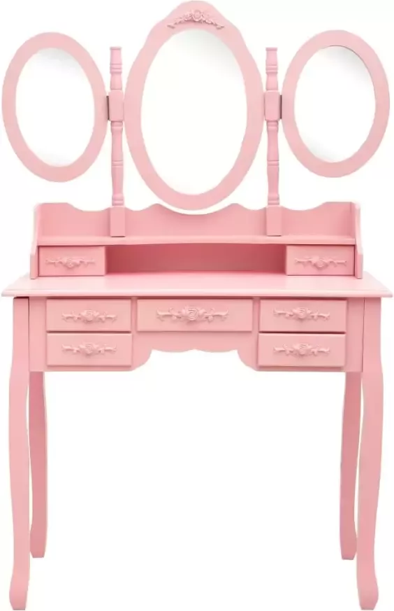 VIDAXL Kaptafel met kruk en drievoudige spiegel roze - Foto 1