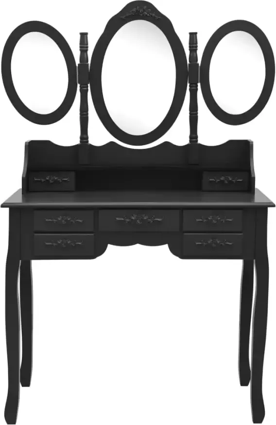 VIDAXL Kaptafel met kruk en drievoudige spiegel zwart