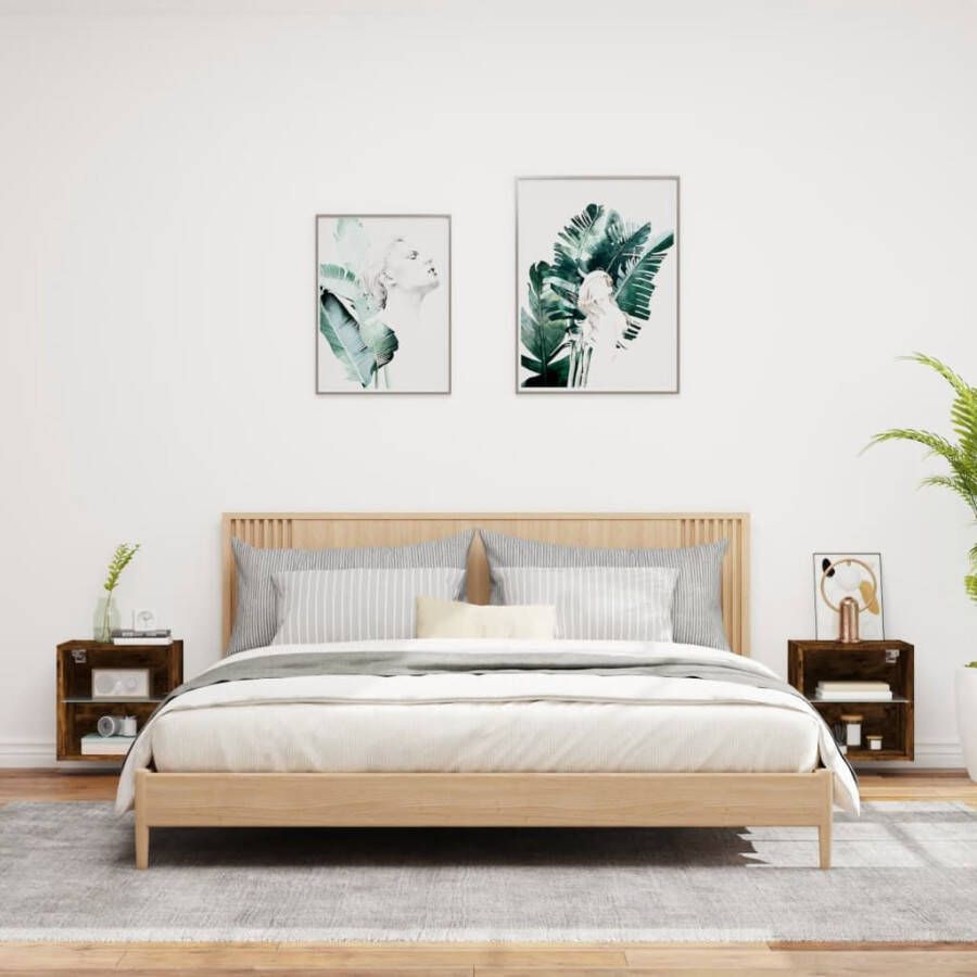 VidaXL Nachtkastjes met LED&apos;s 2 st wandgemonteerd gerookt eikenkleurig - Foto 2