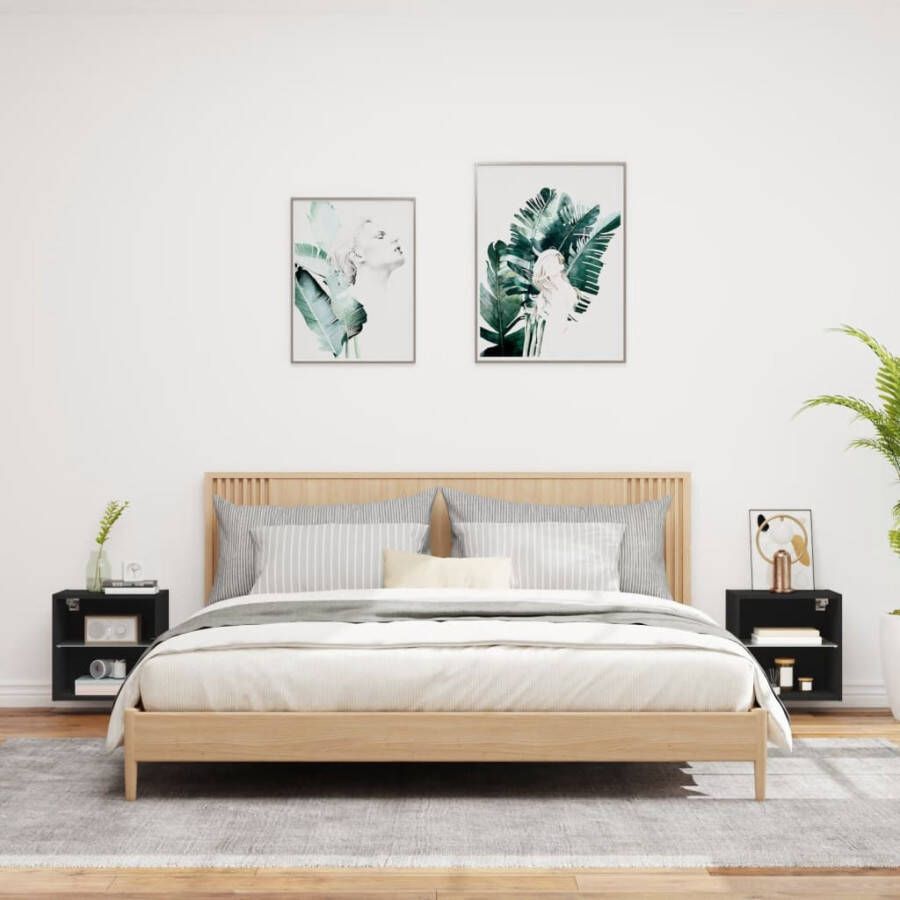 VidaXL Nachtkastjes met LED&apos;s 2 st wandgemonteerd zwart - Foto 2