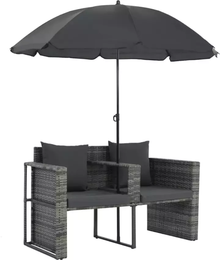 VIDAXL Tuinbank 2-zits met kussens en parasol poly rattan grijs