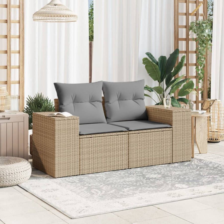 VIDAXL Tuinbank 2-zits met kussens poly rattan beige