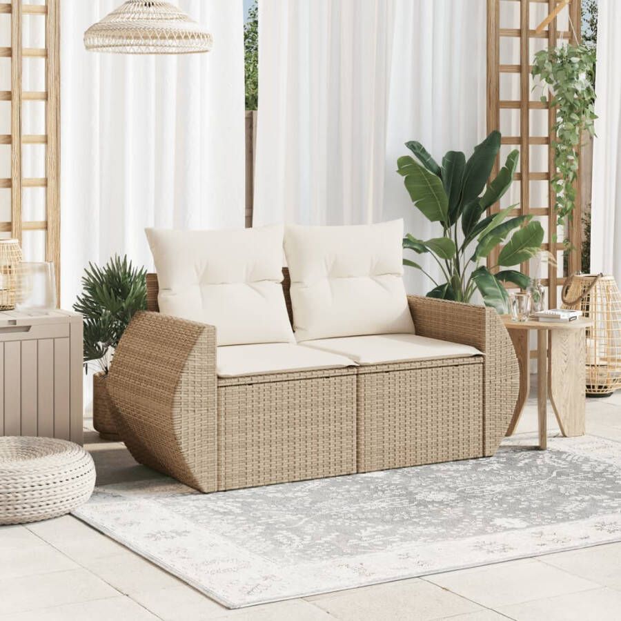 VIDAXL Tuinbank 2-zits met kussens poly rattan beige