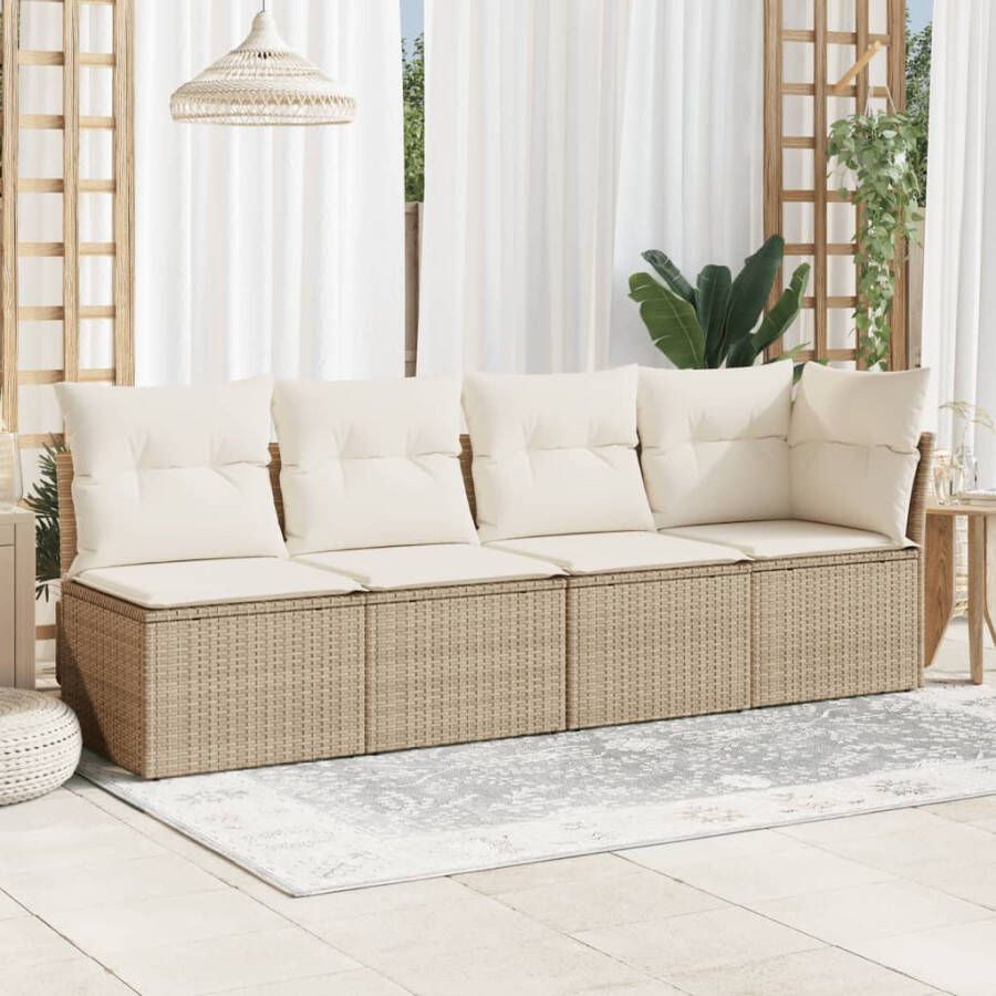 VIDAXL Tuinbank 4-zits met kussens poly rattan beige