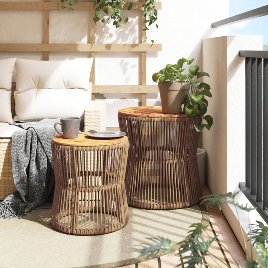 VIDAXL Tuinbijzettafels 2 st met houten blad poly rattan beige