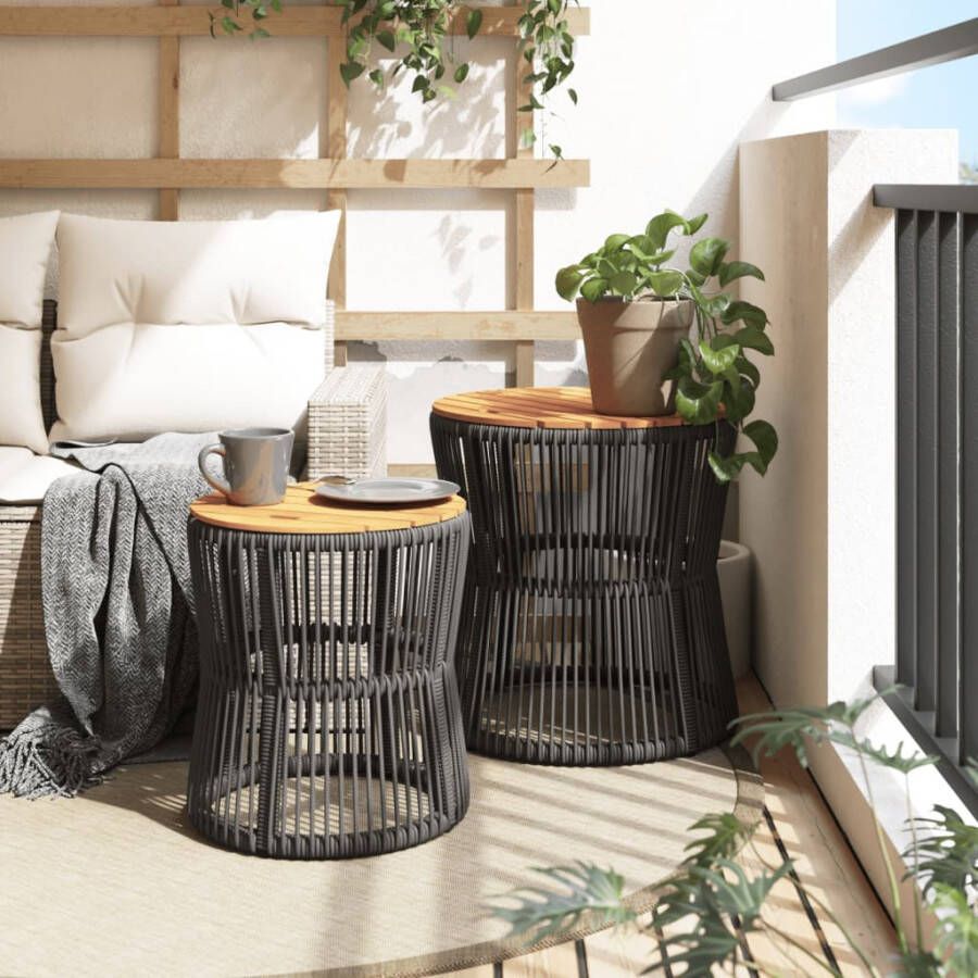 VIDAXL Tuinbijzettafels 2 st met houten blad poly rattan grijs