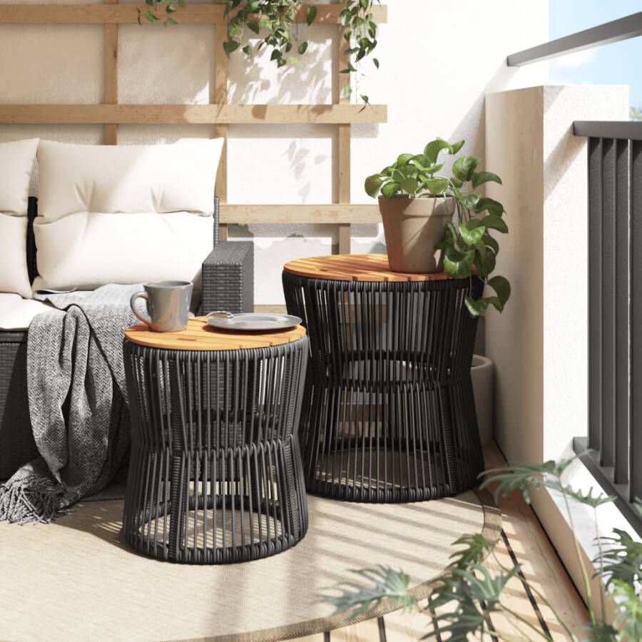 VIDAXL Tuinbijzettafels 2 st met houten blad poly rattan zwart