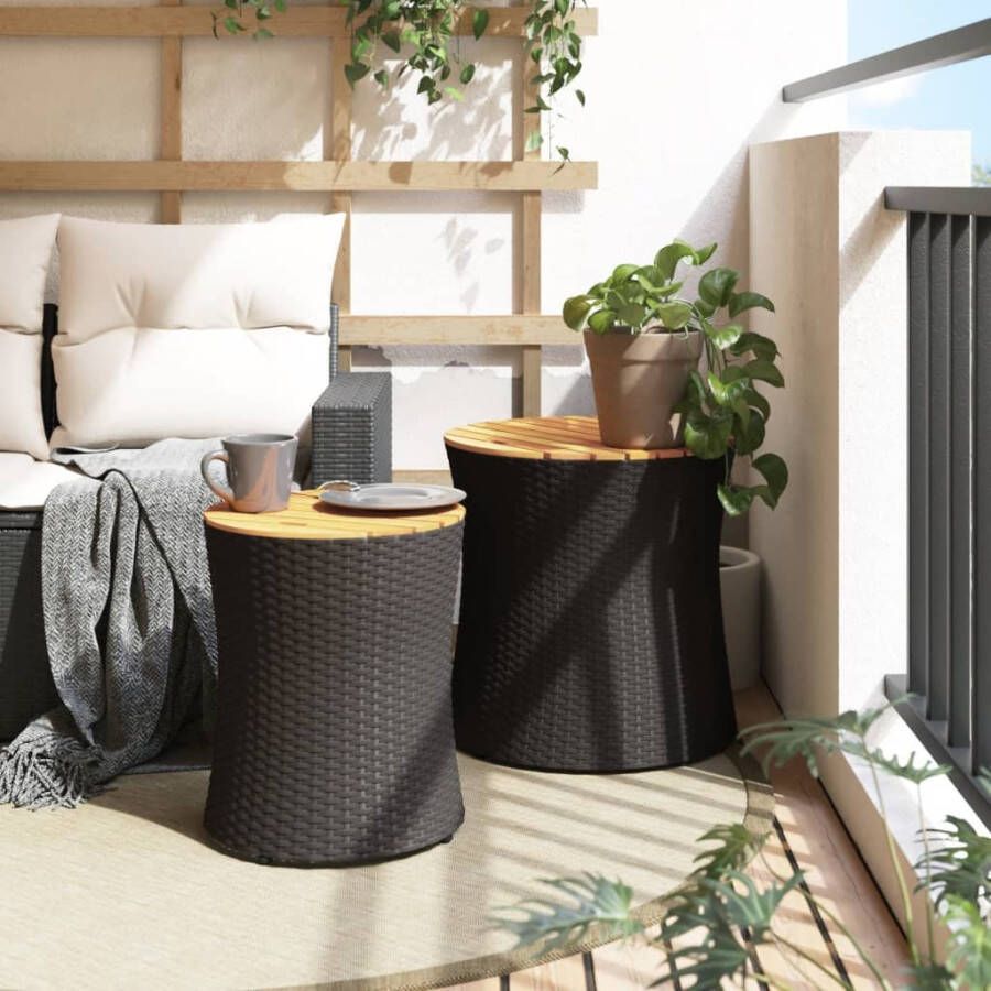 VIDAXL Tuinbijzettafels 2 st met houten blad poly rattan zwart