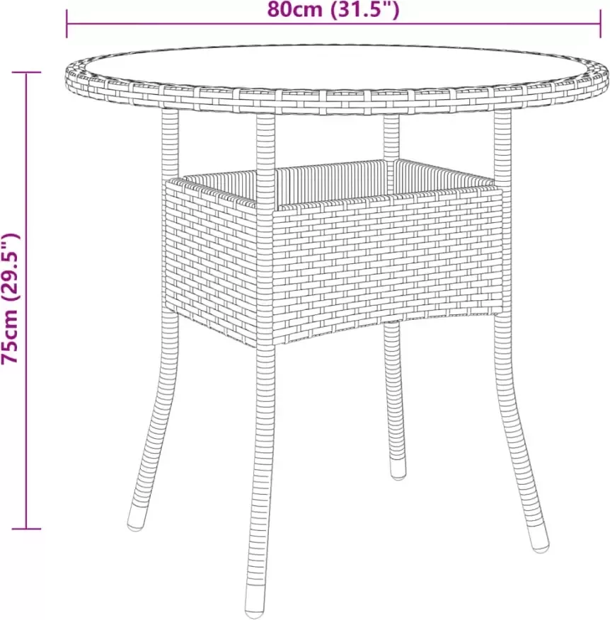 VIDAXL Tuintafel Ø80x75 cm gehard glas en poly rattan bruin - Foto 2