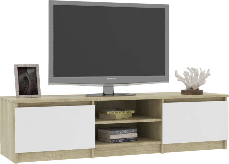 VidaXL -Tv-meubel-140x40x35 5cm-bewerkt-hout-wit-en-sonoma-eikenkleurig