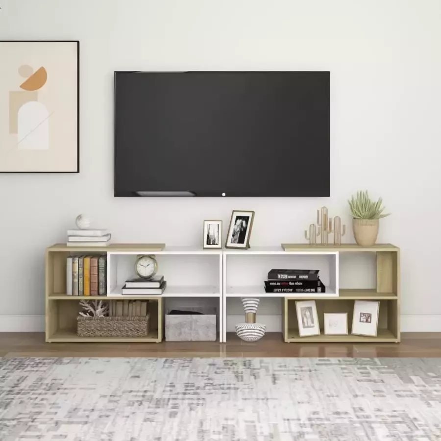 VidaXL -Tv-meubel-149x30x52-cm-bewerkt-hout-wit-en-sonoma-eikenkleurig - Foto 3