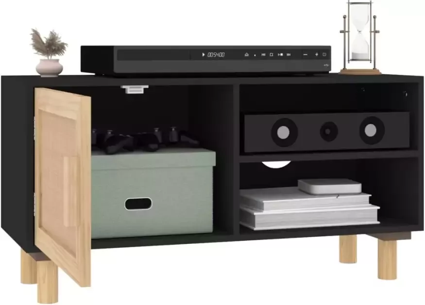 VidaXL -Tv-meubel-80x30x40-cm-massief-grenenhout-en-rattan-zwart