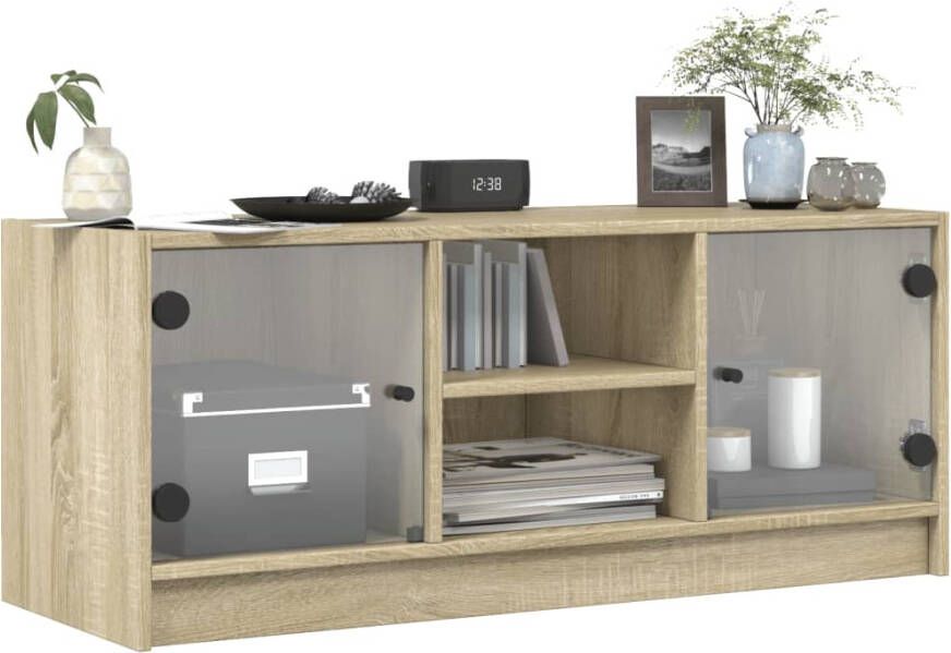 VidaXL -Tv-meubel-met-glazen-deuren-102x37x42-cm-sonoma-eikenkleurig - Foto 3