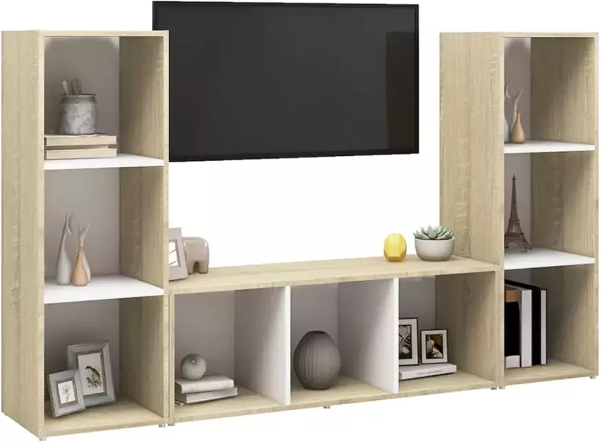 VIDAXL Tv-meubelen 3st 107x35x37 cm bewerkt hout wit sonoma eikenkleur