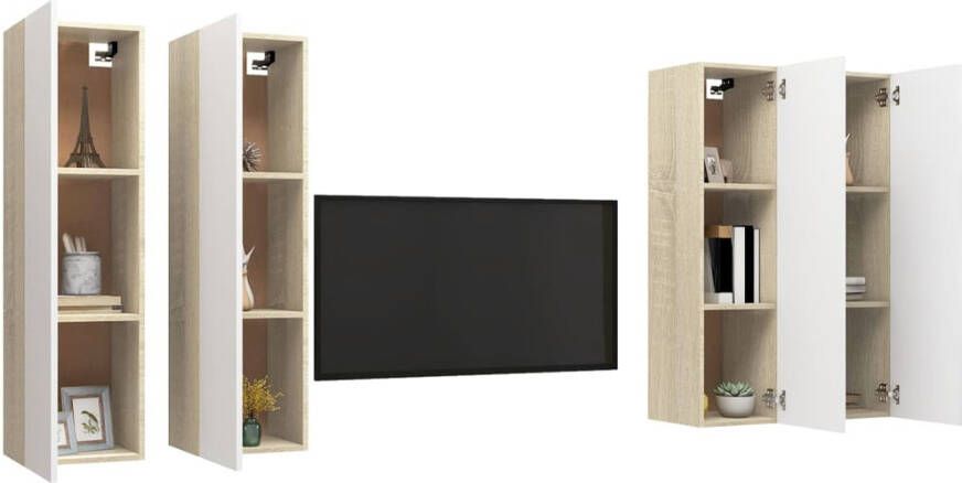 VidaXL -Tv-meubelen-4-st-30 5x30x110cm-spaanplaat-wit-sonoma-eikenkleur - Foto 4