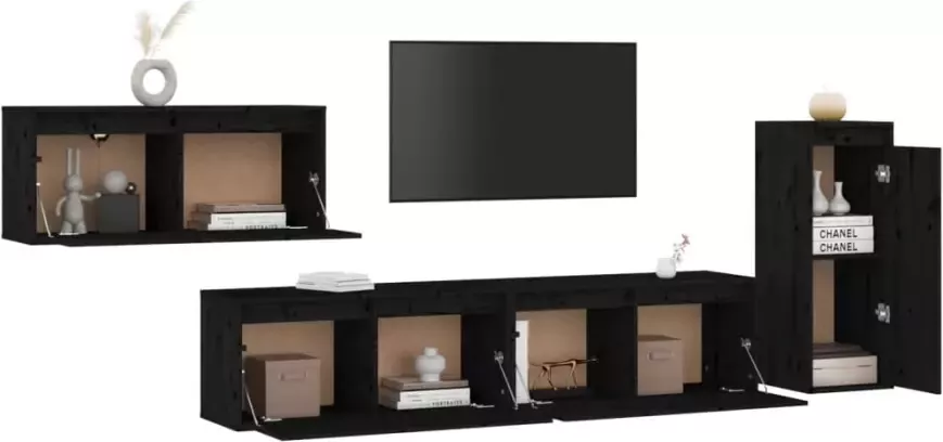 VidaXL -Tv-meubelen-4-st-massief-grenenhout-zwart - Foto 4