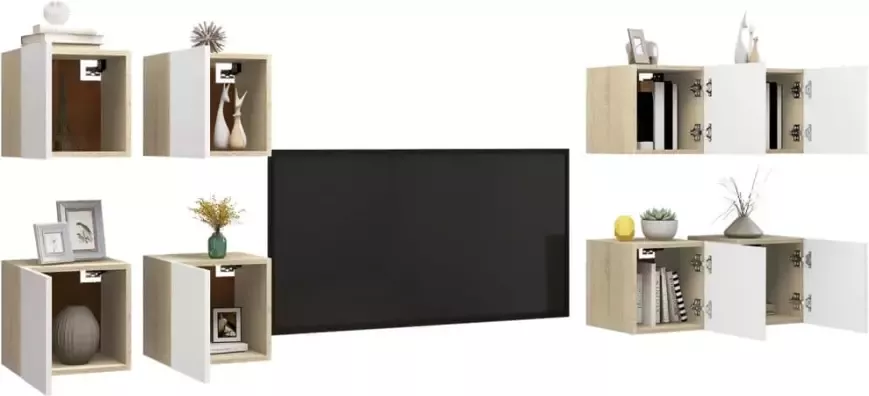 VidaXL -Tv-wandmeubelen-8-st-30 5x30x30-cm-wit-en-sonoma-eikenkleurig - Foto 3