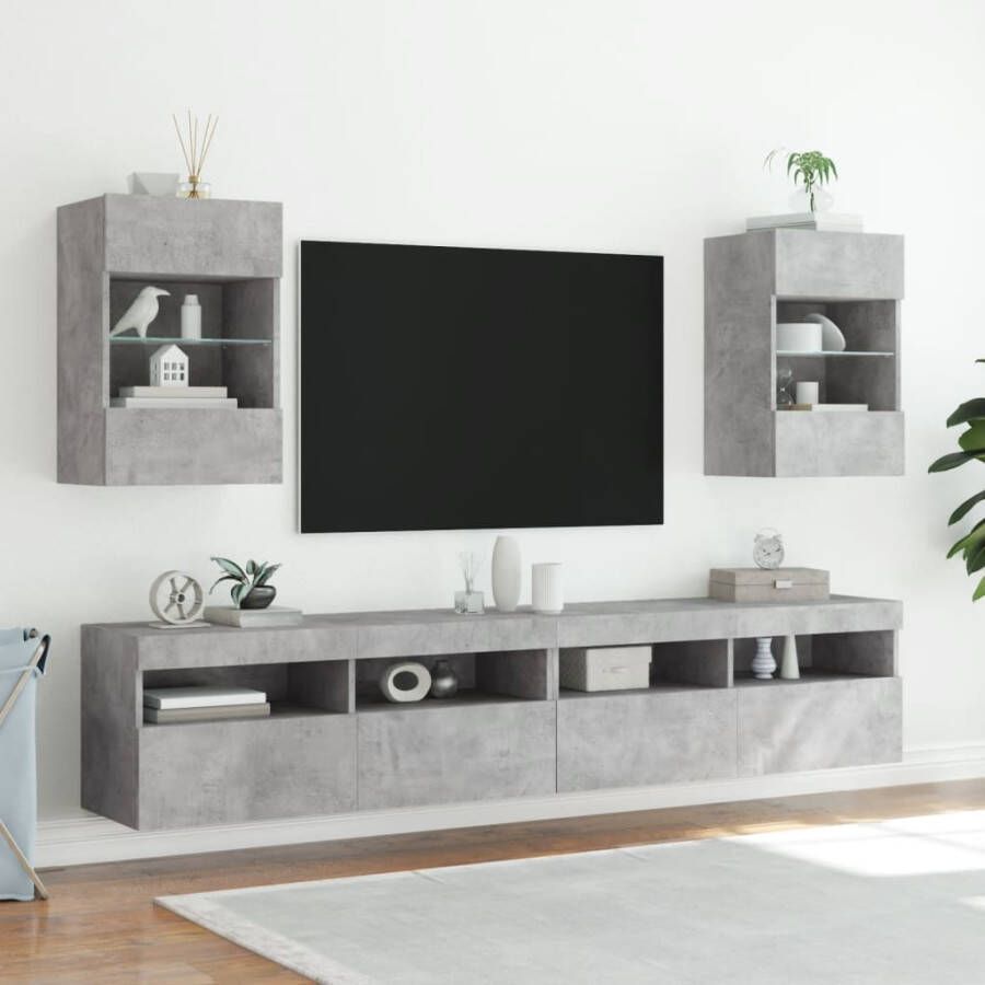 VidaXL Wandkasten met LED-verlichting voor tv 2 st 40x30x60 5 cm betongrijs - Foto 2