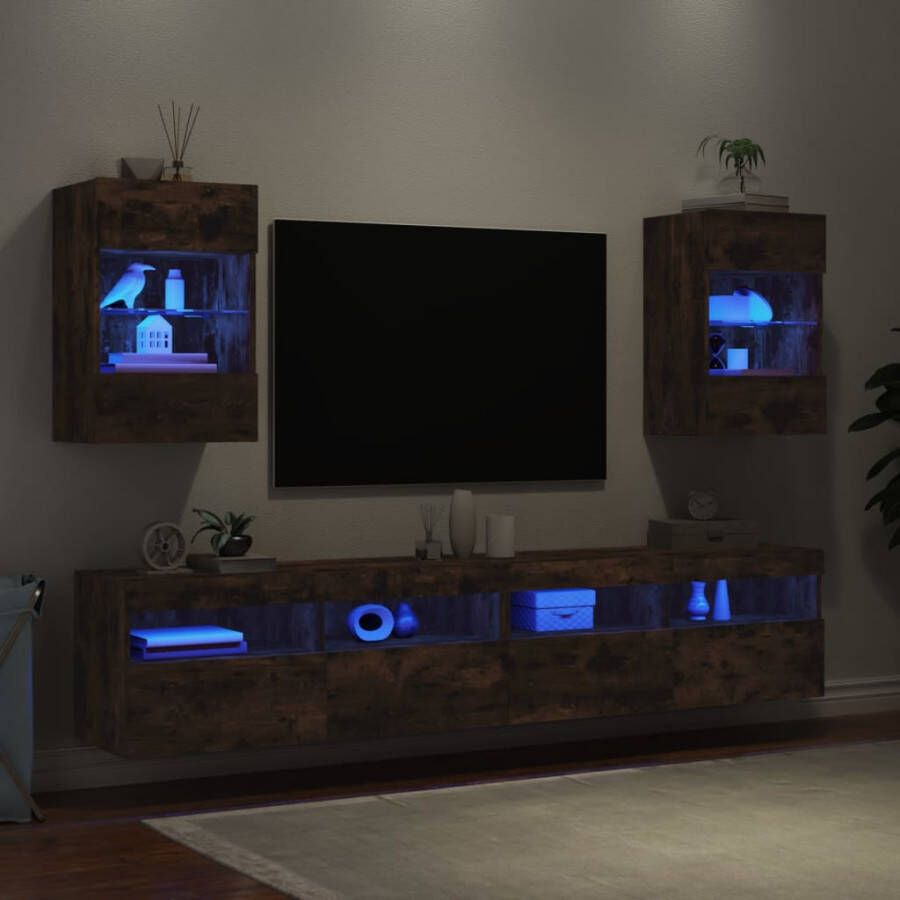 VidaXL Wandkasten met LED-verlichting voor tv 2 st 40x30x60 5 cm gerookt eikenkleurig