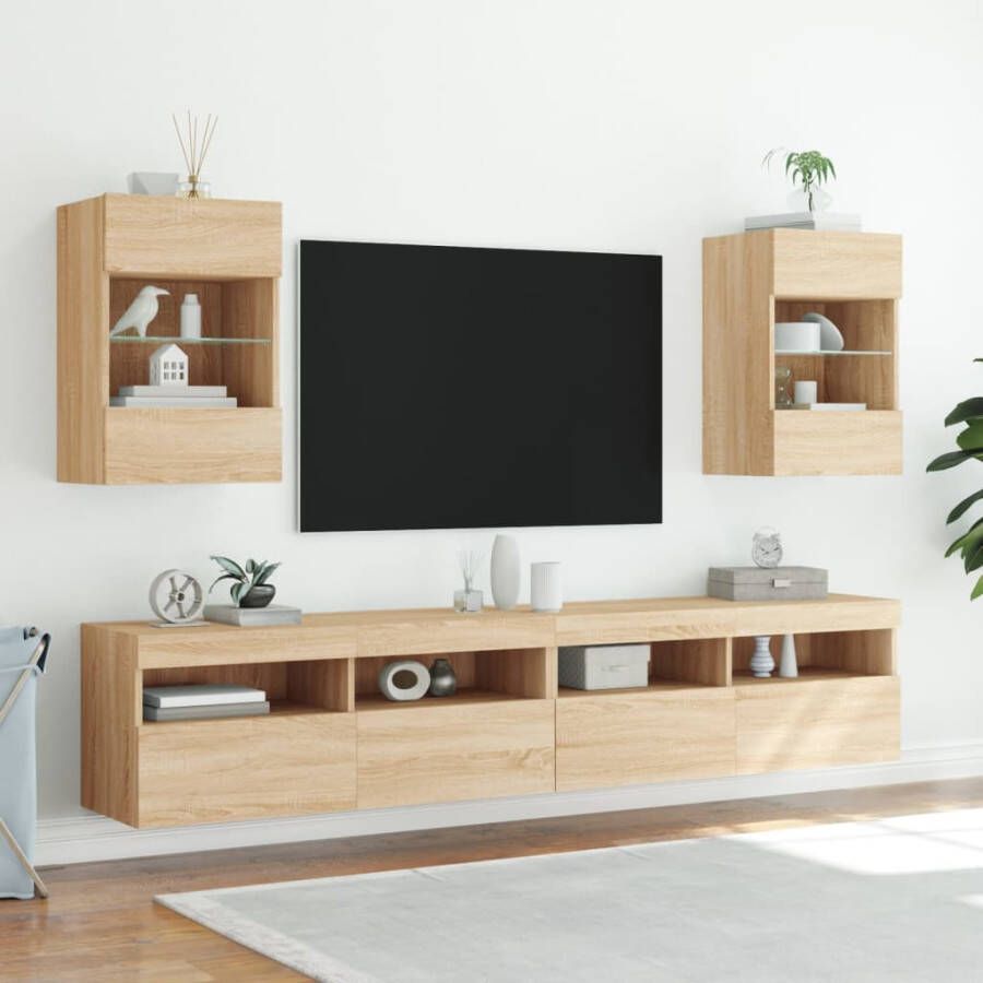 VidaXL Wandkasten met LED-verlichting voor tv 2 st 40x30x60 5 cm sonoma eikenkleurig - Foto 2